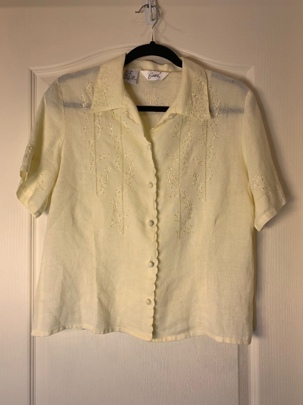 Vintage 90's  Essai 100% Linen Pale Yellow Embroidered Eyelet Cottage Blouse L